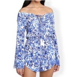 Olivaceous romper off the shoulder long sleeve blue , white sz S